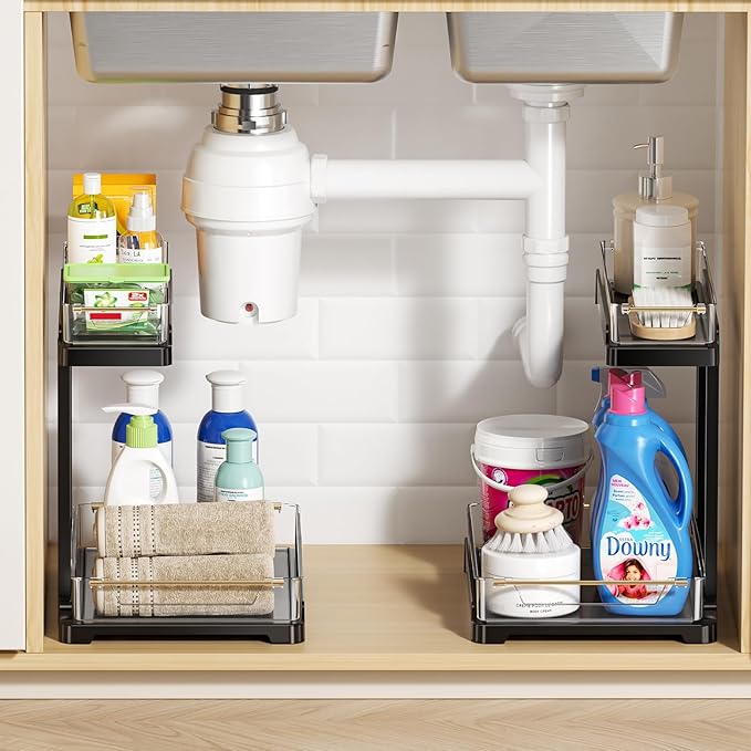 heart & home 2-Pack Under Sink Storage Organizer for Kitchen & Bathroom Cabinets with Removable Washable Tray, Tool-Free Assembly – Multi-Purpose for Vanity, Laundry & Countertop, Black