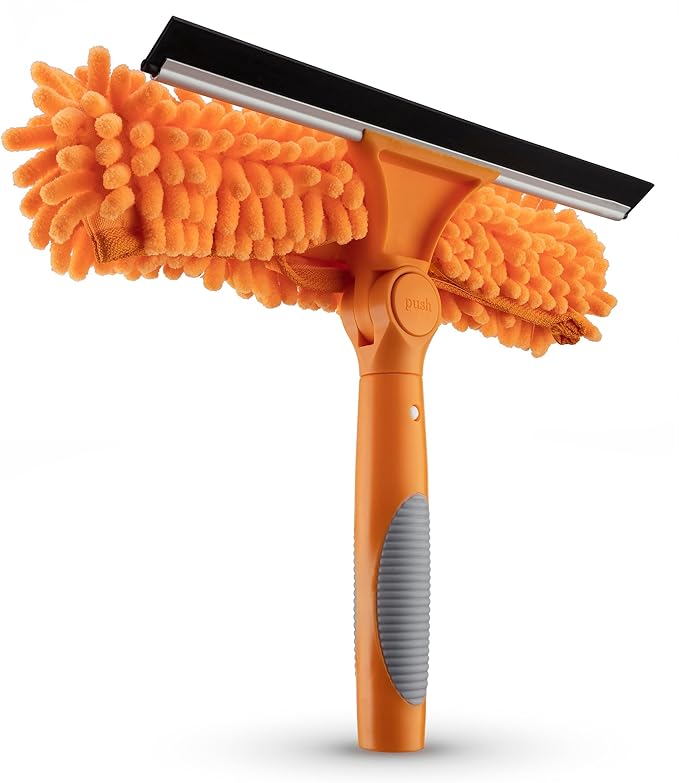 Window Squeegee and Microfiber Scrubber 2-in-1 Combo // Multi-Angle Window Cleaning Tool // Window Washing Equipment for Solar Panel and RV Windshield // Threaded Window Cleaner (pole sold separately)
