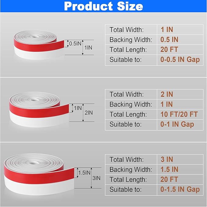 ToLanbbt Weather Stripping Silicone Door Seal Strip 2 in x 20 ft Door Draft Stopper Self Adhesive Door Draft Tape, Side & Bottom Gaps Insulation Strip for Glass Shower Door Sliding Door Window, White