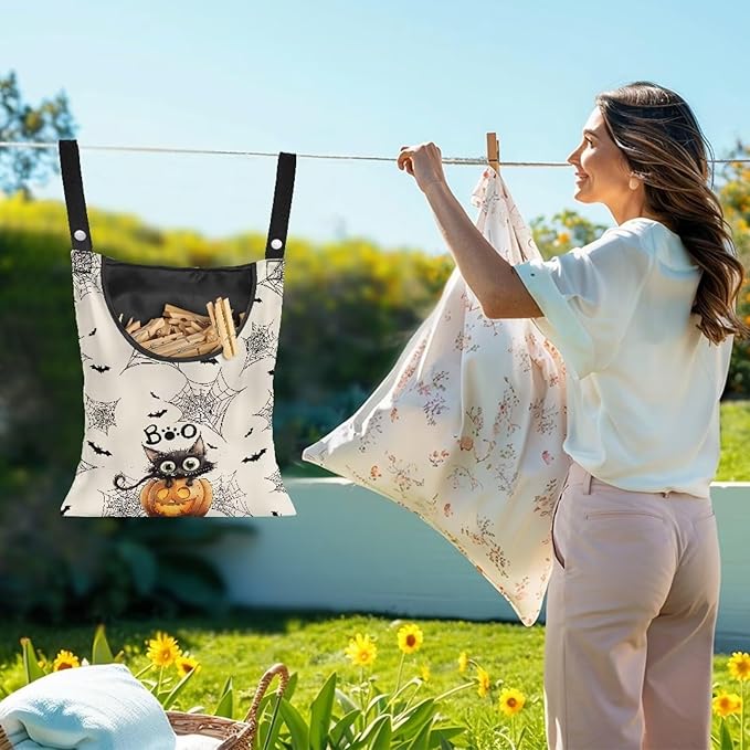 Cute Cat Space-Saving Laundry Clothespin Bag Pumpkin Waterproof Polyester Material, 2 Rope for Hanging and Effortlessly Sliding on The Clothesline Clothespin Holder for Outdoor