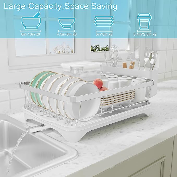 Dish Drying Rack 304 Stainless Steel Dish Racks,Adjustable Spout Auto-Draining Dish Drainers for Kitchen Counter, Large Capacity Dish Rack for Bowls, Cups, White