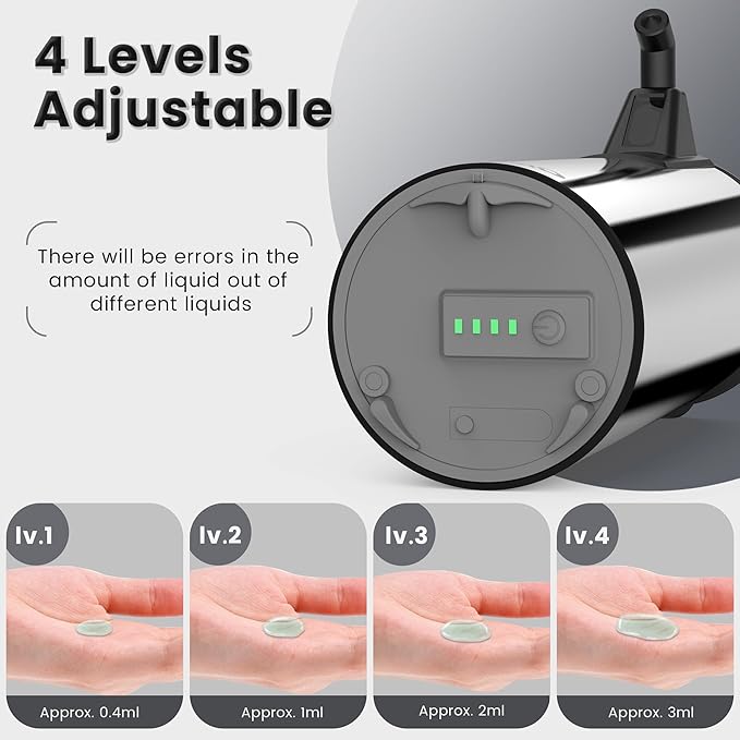 Automatic Soap Dispenser Touchless 11.8oz 4-Level Adjustment Auto Hand Soap Dispenser Stainless Steel Rechargeable for Bathroom Kitchen Hotel(Silver+Silver)