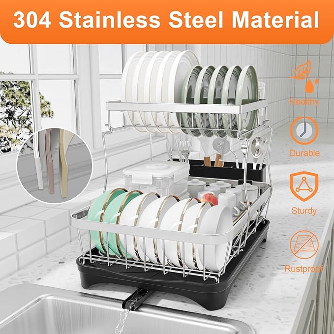 Dish Drying Rack - 2-Tier 304 Stainless Steel Dish Rack for Kitchen Counter, Adjustable Spout Auto-Draining Dish Rack, Kitchen Organizers and Storage Rack with Drainboard and Cutlery Holder Black