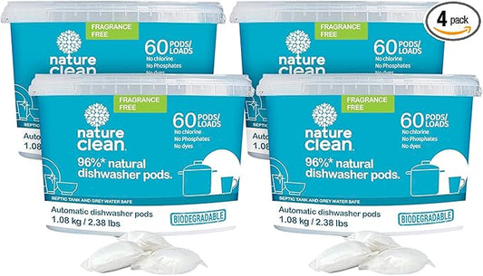 Nature Clean All Natural Dishwasher Pods, Plant-Based Non-Toxic Dishwasher Detergent Pods, Tough on Grease, Unscented Fragrance-free, 60 Count, Pack of 4