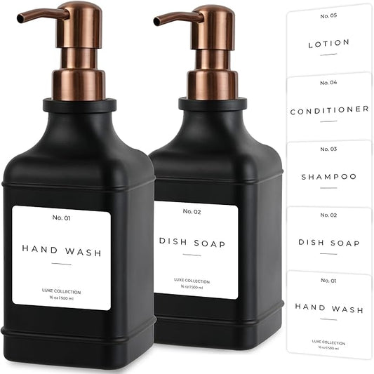 Emerson Essentials Soap Dispenser, Dish Soap Dispenser, Soap Bottle Bathroom Set, Stainless Steel Farmhouse, Kitchen Soap Dispenser Set - Glass Soap Dispenser with Pump and Labels, 16 Oz, 2 Pack