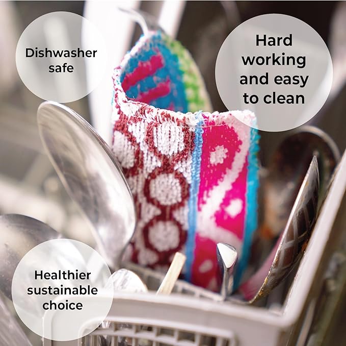 Skoy Scrub, 1-Piece Reusable, Non-Scratching Dish Scrubber for Kitchen and Household Cleaning, Planet-Friendly, Dishwasher Safe Soft Scrub, Assorted Colors and Designs
