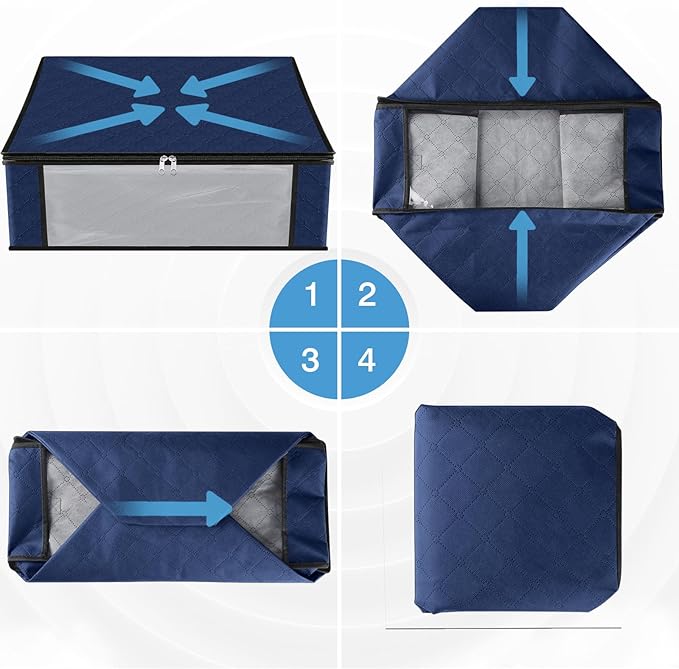 HomeHacks Storage 6-Pack Clothes Organizer Storage Bags Foldable Storage Box with Large Clear Window Sturdy Handles for Closet, Dorm, Pillows, Bedding, Clothes, Blankets, 35L, Blue