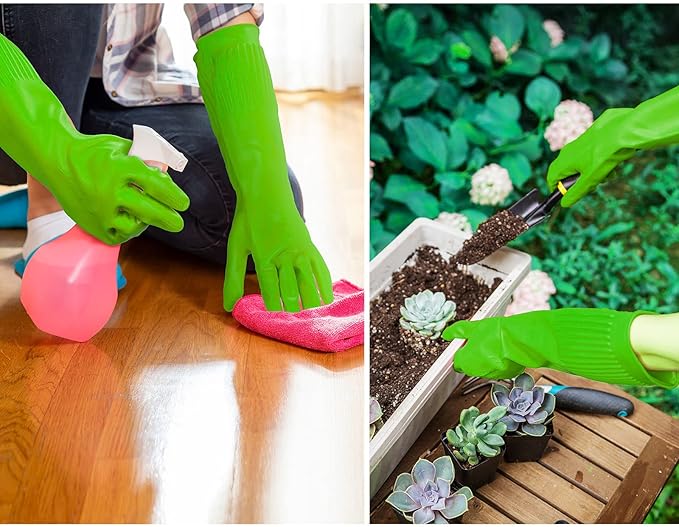 Vgo... 3-Pairs Dishwashing Gloves - Reusable Household, Kitchen, Long Sleeve, Thick Latex, Cleaning, Washing, Working, Painting, Gardening, Pet Care (Size L, Green, RB2143)