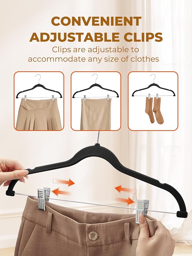 HOUSE DAY Velvet Skirt Hangers 72 Pack, Black Velvet Hanger with Adjustable Clips, Space Saving Slim Pant Hangers, Heavy Duty Non Slip Clip Hanger for Pants, Skirts, Shorts