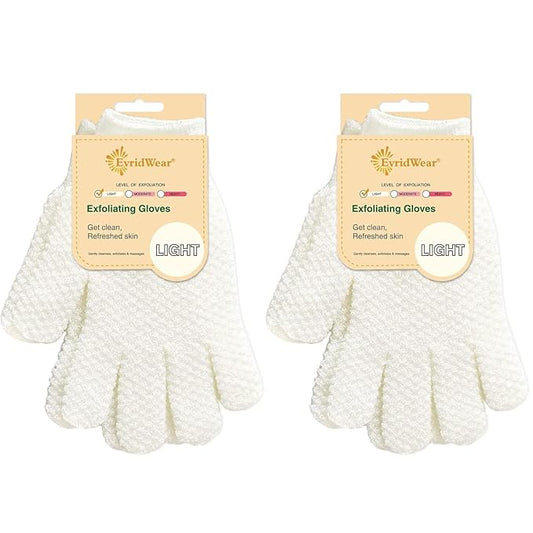 Evridwear Exfoliating Gloves for Shower, 100% Nylon Thick Soft Medium Heavy Bathing Gloves Dead Skin Remover Body Scrubber Smooth Skin with Hang Loop, 2 Pairs Light White