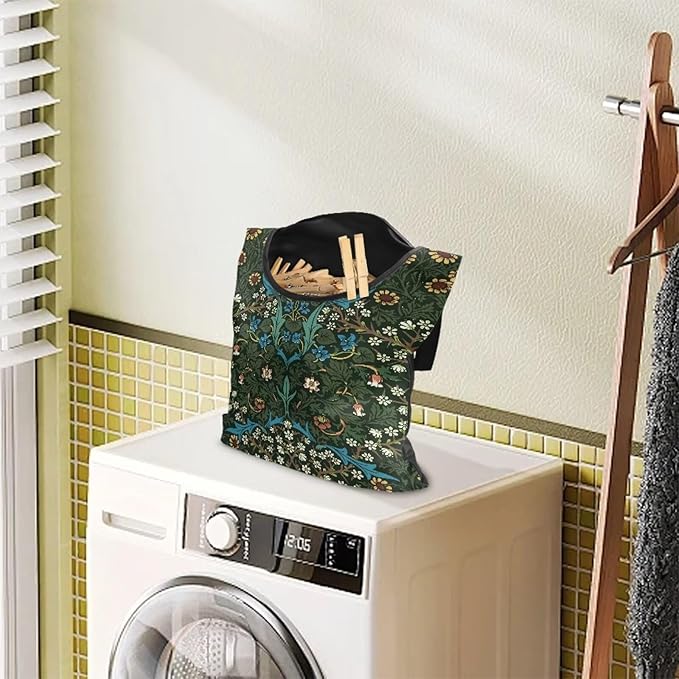 Vintage Scabious Leaf Print Reinforced Clothespin Holder Bag 14.5x12in - Large Capacity Storage with Easy Access Design - Weatherproof Hanging Organizer for Backyard Clotheslines