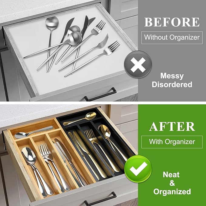 Small Wooden Silverware Organizer Tray Narrow Kitchen Drawer Dividers Utensil Organizers and Storage Black Cutlery Trays Spoon Flatware Organizer for Drawer Bamboo Cutlery Utensil Holder Tray