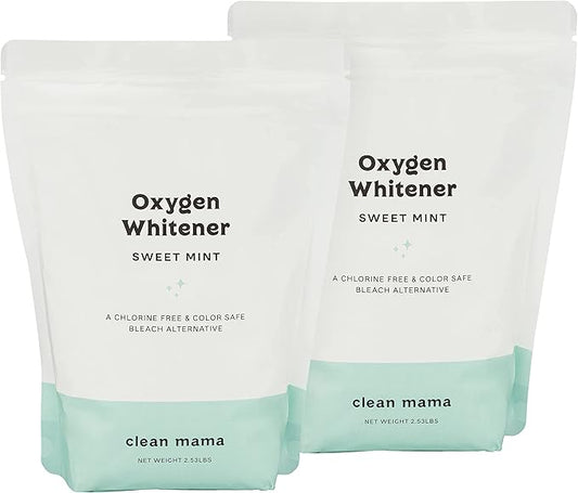 Clean Mama Natural Oxygen Whitener and Stain Remover - Color-Safe Natural Bleach Alternative - Plant-Derived Oxygen Powder, Whitens & Brightens Whites and Colors - Sweet Mint, 2.53 lbs, 2 Pack