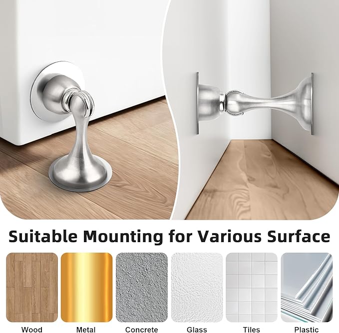 Probrico Brushed Nickel Magnetic Door Stoppers for Bottom of Door, Stainless Steel Magnet Door Catch Door Stops to Keep Door Open, Heavy Duty Door Holder, Wall and Floor Mounting, 6 Pack