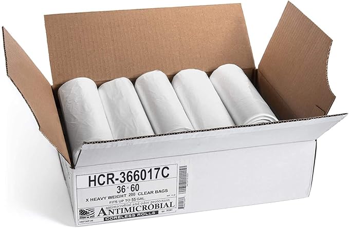 Aluf Plastics High Density Trash Bags, 55 Gallon, 200 Count, 17 Micron (eq), 36" x 60", Clear, for Bathroom, Office, Industrial, Commercial, Janitorial, Municipal, Recycling