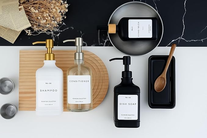 Emerson Essentials Soap Dispenser, Dish Soap Dispenser, Soap Bottle Dispenser Bathroom Set, Hand Soap Dispenser, Kitchen Soap Dispenser Set, Glass Soap Dispenser Pump + Labels | 16 Oz, 2-Pack