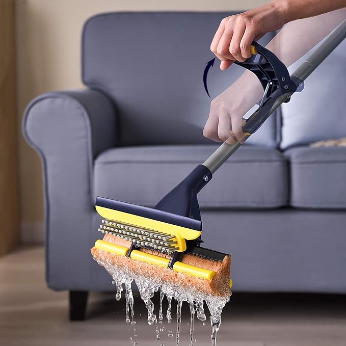 Yocada Sponge Mop Home Commercial Use Tile Floor Bathroom Garage Cleaning Total 3 Sponge Heads Squeegee and Extendable Telescopic Long Handle 42.5 to 52 Inches Easily Dry Wringing Only 3 Heads