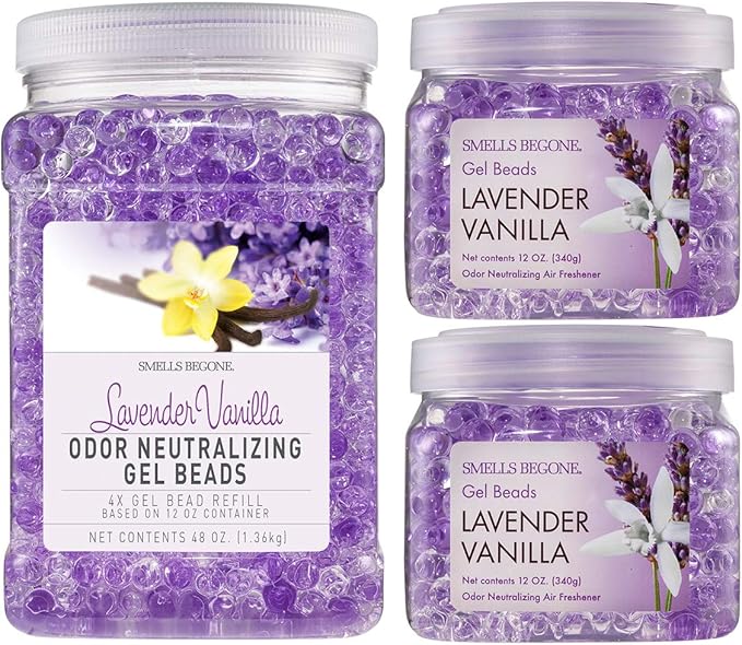 SMELLS BEGONE Odor Eliminator Gel Bead Value Pack - 72 oz - Air Freshener - Eliminates Odors in Bathrooms, Pet Areas, Boats, RVs & Cars - Made with Essential Oils - Lavender Vanilla Scent