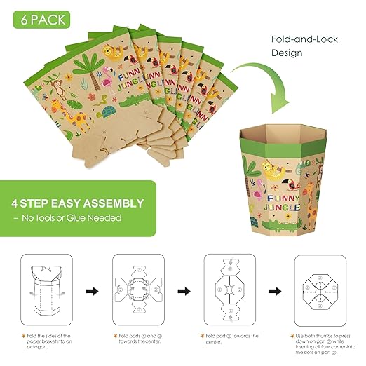 6-Pack Cardboard Trash Can – Foldable, Recyclable, Plastic-Free & Reusable Small Waste Paper Basket for Kids - Garbage Bin Perfect for Bedrooms, Playrooms, Children's Room & Outdoor (2.1 Gallon)