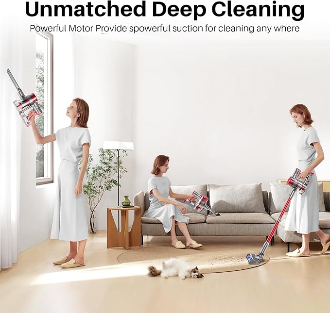 Cordless Vacuum Cleaner, Lightweight Stick Vacuum Cleaner for Home, 6 in 1, Anti-Tangle Vacuum with Powerful Suction, 180° Bendable Wand Rechargeable Cordless Vacuum for Floor Pet Hair/Carpet Deep Red