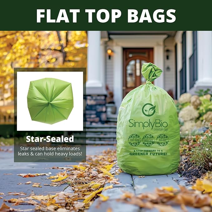 Simply Bio 30-33 Gallon Compostable Trash Bags Liners Flat-Top, Heavy Duty Extra Thick 1.57 Mil, 124.92 Liter, 30 Bags, Lawn, Yard, and Restaurant Use, ASTM D6400, US BPI, OK Compost Home Certified