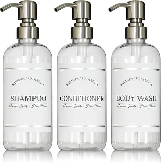 Clear Refillable Shampoo and Conditioner Bottles - Body Wash, Shampoo and Conditioner Dispenser - PET Plastic Shampoo Bottles Refillable with Pump - Waterproof Labels - 16 oz, 3 Pack (Stainless Steel)