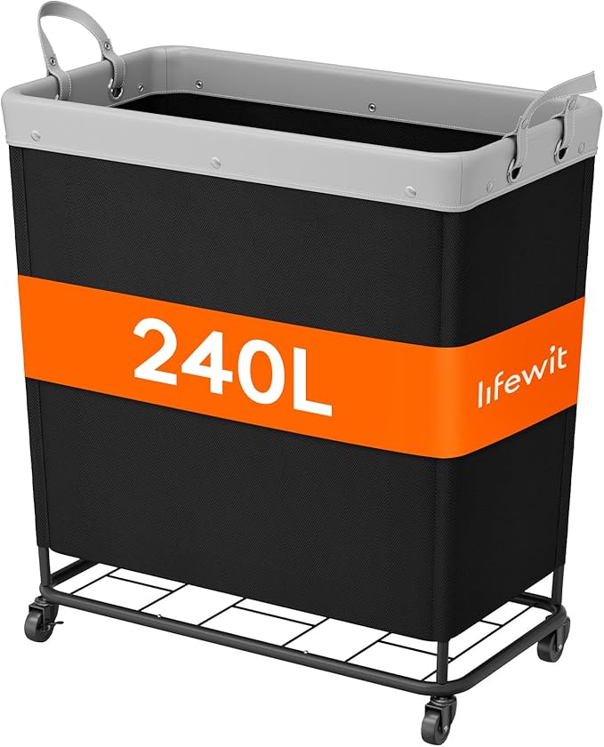 Lifewit 240L Laundry Basket with Wheels, Large Heavy Duty Commercial Rolling Laundry Hamper with Handles, Tall Steel Frame Laundry Cart for Laundry Room Bedroom Hotel Home Dorm, Black