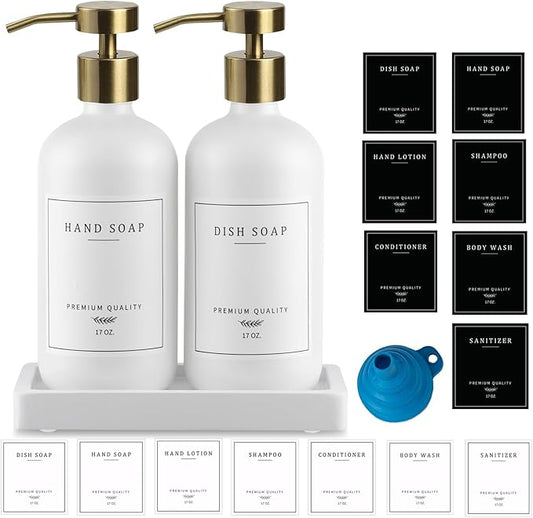 Soap Dispenser Bathroom - Kitchen Dish and Hand Soap Dispenser Set, Glass Bathroom Soap Lotion Dispenser with Pump, Tray, 14 Waterproof Labels, Set of 2 White Bottle/Gold Pump-pd