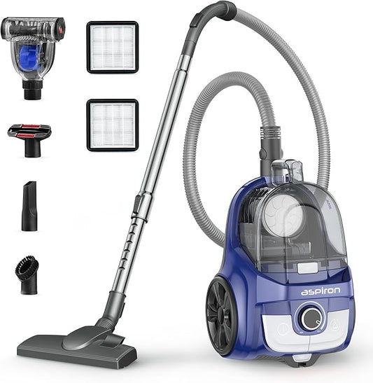 Aspiron Canister Vacuum, Upgraded 1600W Bagless Canister Vacuum Cleaner, Auto Cord Rewind, H13 HEPA Filter, 3.7Qt Large Capacity, 5 Tools for Hard Floors, Carpet, Pet, Upholstery, Tiles, Car, Navy