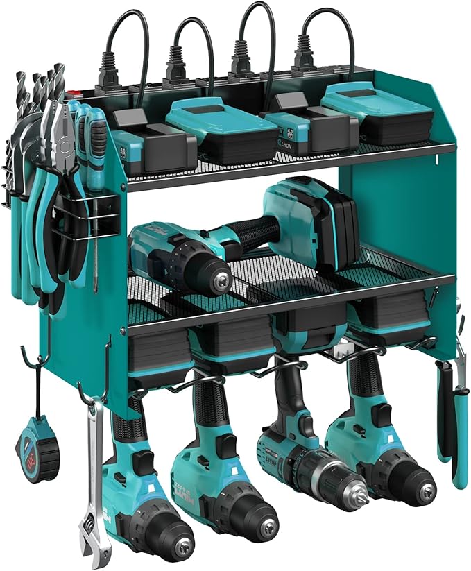 CCCEI Set Power Tool Organizer Wall Mount with Charging Station. Garage 4 Drill Storage Shelf with Hooks, Heavy Duty Metal Tool Battery Charger Organizer. Shop Utility Rack with Power Strip Navy Blue.