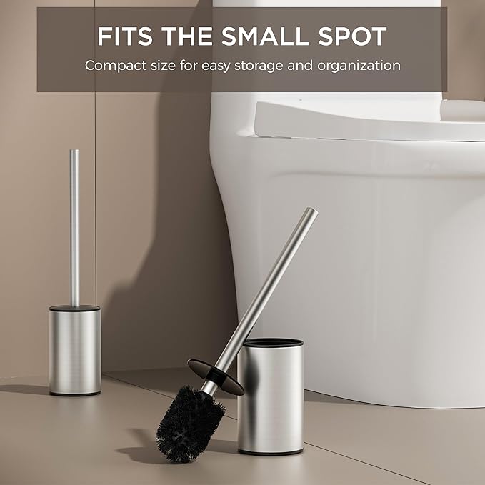 FORIOUS Toilet Brush and Holder Set, 304 Stainless Steel Heavy Duty Base and Handle for Bathroom Deep Cleaning, Toilet Bowl Cleaners Brush with Holder, Space Saving for Storage, Stainless Steel