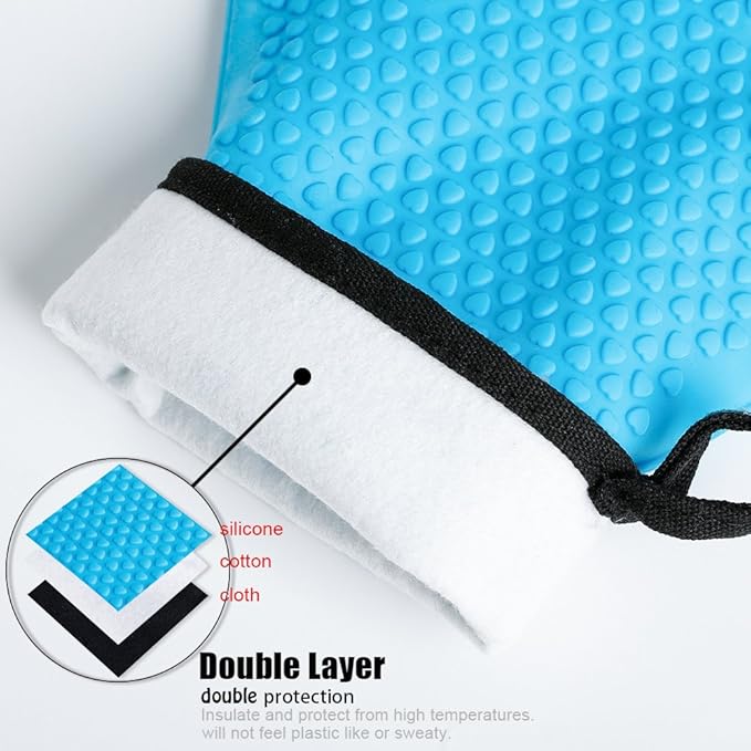 Kitchen Oven Gloves - Silicone and Cotton Double-Layer Heat Resistant Oven Mitts/BBQ Gloves/Grill Gloves - Perfect for Baking and Grilling (XL-XXXL, Blue)