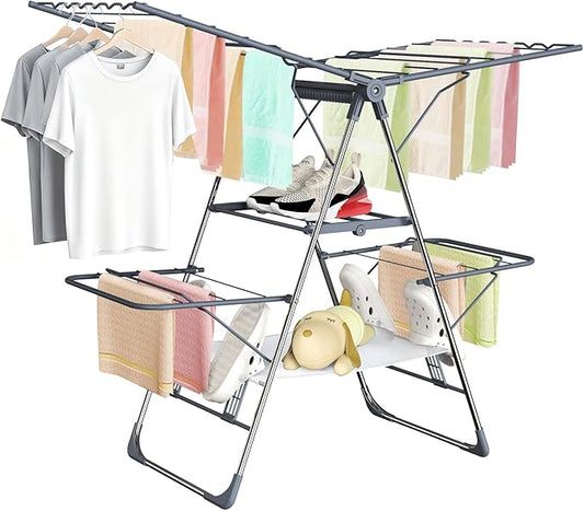 Clothes Drying Rack, Foldable 2-Level Laundry Racks for Drying Clothes Rack,Stainless Steel Drying Rack Clothing Collapsible for Indoor Outdoor,with Height-Adjustable Wings