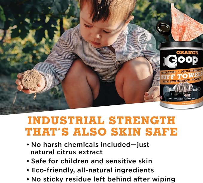 GOOP Orange Heavy Duty Ruff Towels with Scrubbing Power, 10” x 12” Dual Textured Multi-Purpose Cleaning Wipes, Removes Dirt, Grease, Oil, 72 Count (Pack of 2)