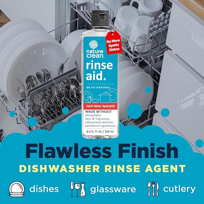 Nature Clean All Natural Dishwasher Rinse Aid Cleaner, Liquid Dishwasher Rinse Agent for Spot-Free Glass & Cutlery in Hard Water, Non Toxic Dish Washer Rinse Aid & Stain Remover, 8 oz/250ml, Pack of 1