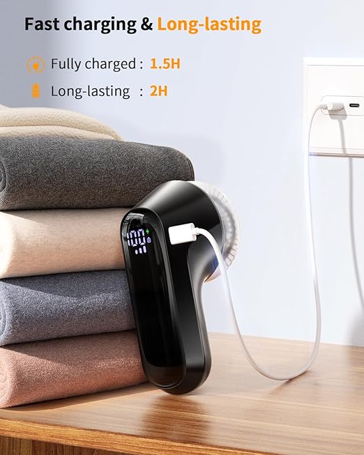Fabric Shaver, Rechargeable Lint Shaver with Digital Display, Electric Portable Sweater Shaver with 6-Leaf Blades and Safety Lock, 3-Speeds Lint Remover to Remove Pilling for Clothes, Couch, Furniture