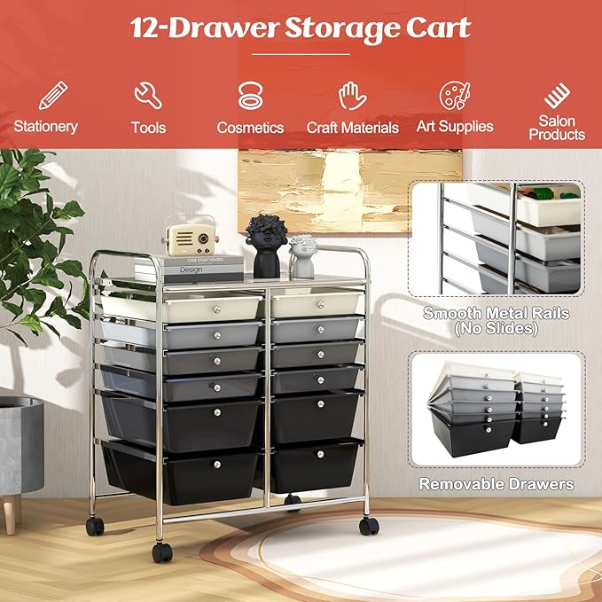 GOFLAME 12-Drawer Rolling Storage Cart, Multipurpose Organizer Cart with 2 Sizes Plastic Drawers, Mobile Utility Cart with Lockable Casters for School, Home Office, Beauty Salon, Gradient Grey