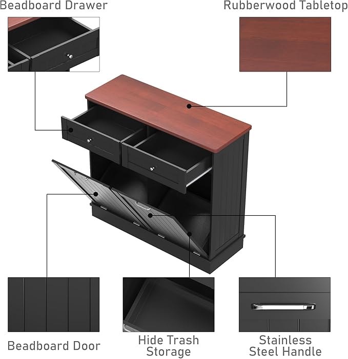 Betterhood Tilt Out Trash Cabinet 10 Gallon Wooden Free Standing Laundry Sorter Cabine,Recycling Cabine with Hideaway Drawer,Tilt Out Trash Cabinet Can Bin Kitchen