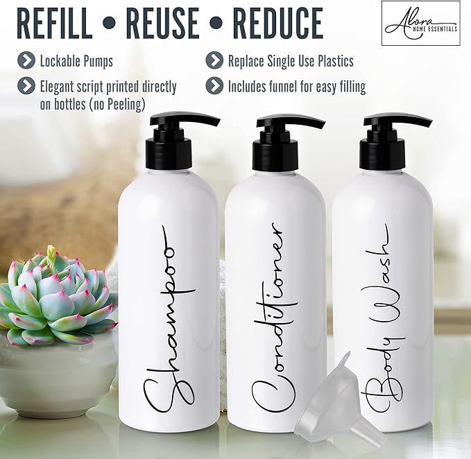 Alora 32oz Reusable Shampoo and Conditioner Bottles - Set of 3 - Easy to Read Labels - Pump Bottle Dispenser for Shampoo, Conditioner, Body Wash - Empty Plastic Refillable Containers for Shower