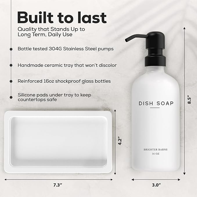 White Glass Hand and Dish Soap Dispenser Set by Brighter Barns - Kitchen Soap Dispenser Set with Tray for Kitchen, Home or Vacation Rental - Modern Kitchen Decor & Accessories (White)