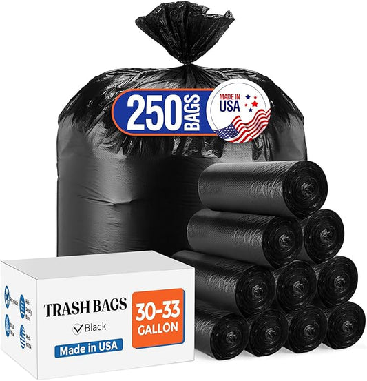 Delxo 30-33 Gallon Black Trash Bags, 250 Count – Medium Duty Garbage Bags, Thick, Durable & Puncture-Resistant Plastic Bolsas para basura, Perforated Design– Made in USA for Kitchen, Yard, Office