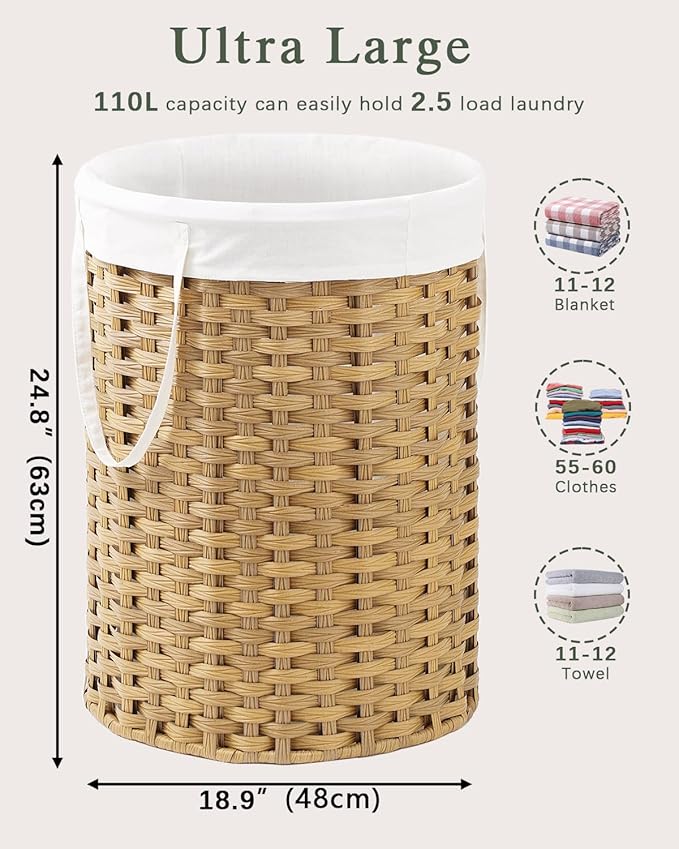 Laundry Basket Round Rattan Laundry Hamper 29.1 Gal (110 L) Handwoven Large Wicker Basket with Handles, Wicker Hamper with Removable Bags and 2 Mesh Bags for Bathroom Living Room Natural