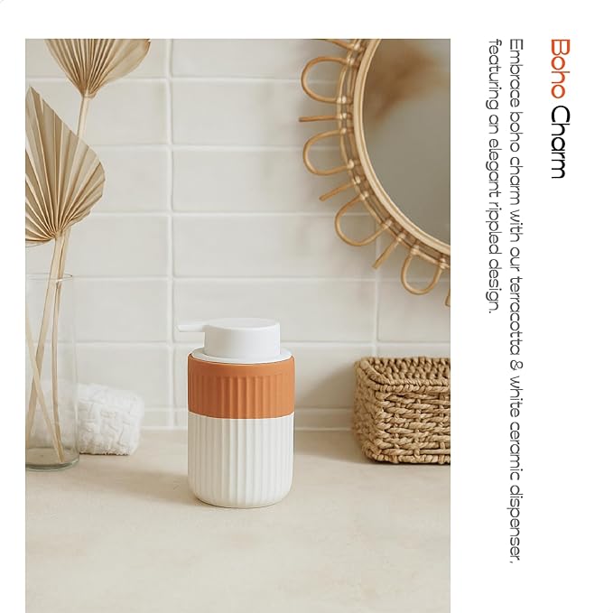 Hand Dipped Terracotta Ceramic Foam Soap Dispenser, 12 oz Rippled Bubble-Up Bottle with White Silicone Pump, Refillable Orange Hand Soap Dispenser for Bathroom