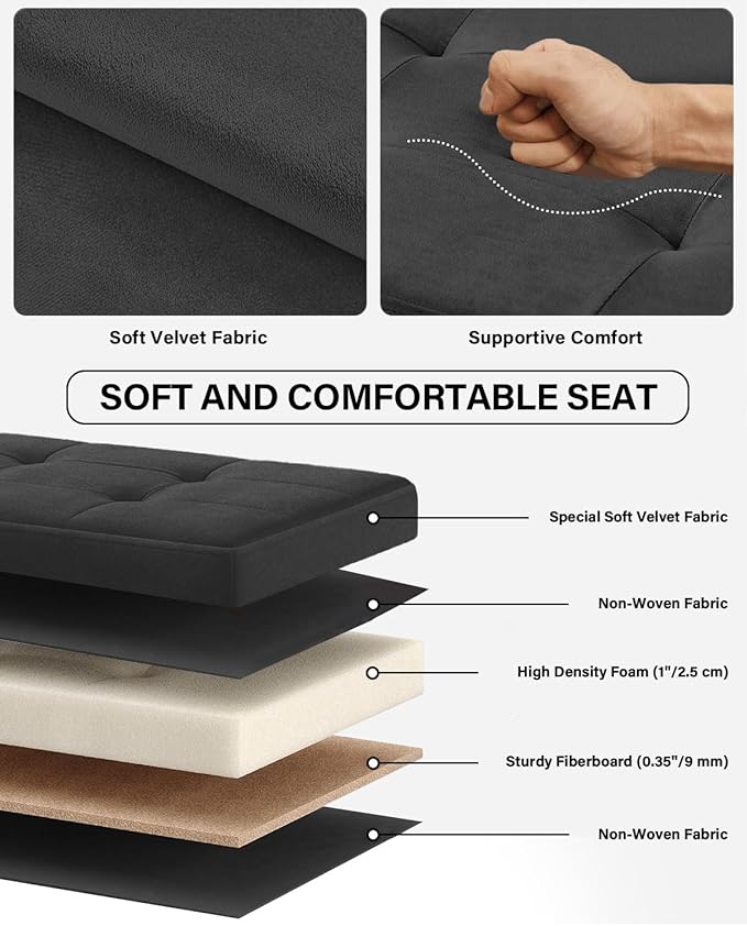 Folding Storage Ottoman, Velvet Storage Bench, Footrest, Removable Divider, for Living Room, Bedroom, 15 x 43 x 15 Inches, 660 lb Load Capacity, Ink Black UASND02B