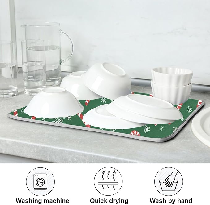 Christmas Candy Cane Dish Drying Mat for Kitchen Countertop 18x24 Winter Snowflake Green Xmas Large Drying Mat Reusable Quick Dry Dish Sink Mats Easy Clean Decorative Essentials