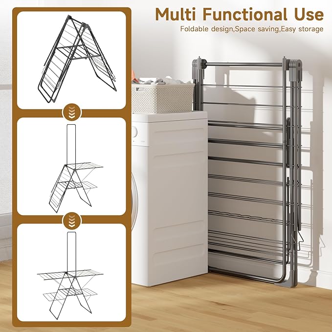 Bigzzia Clothes Drying Rack Foldable, 68.9Inch High Hanger Laundry Drying Rack with 4 Height-Adjustable Wings, Lightweight and Space Saving Clothes Airer for Apartments, Dorms, Camping