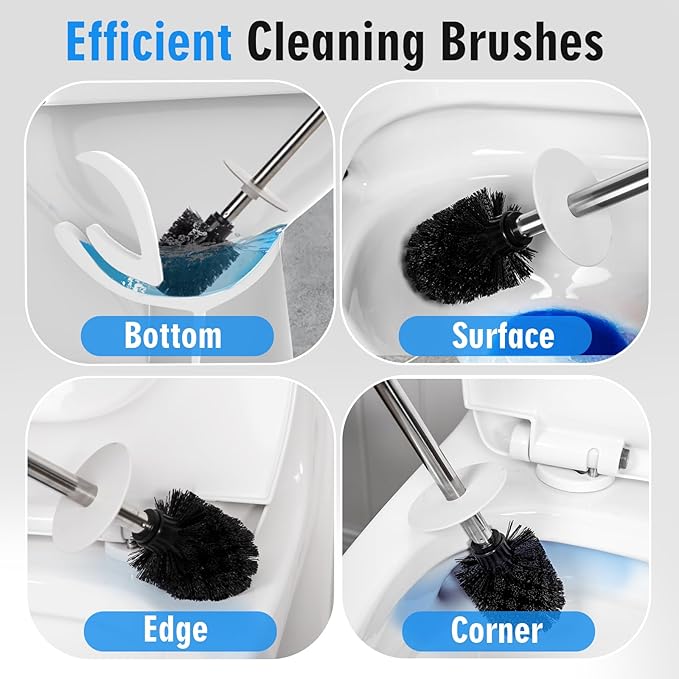 Ceramic Toilet Brush & Holder Set - Freestanding Deep-Cleaning Toilet Bowl Cleaner Brush, Stainless Steel Handle, Small & Sturdy for Storage, Easy to Clean, Non-Scratching