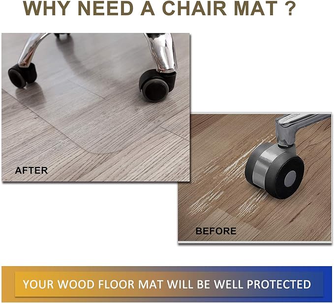 Office Chair Mat for Hardwood Floor, 48”x 36” Vinyl Desk Chair Mat Clear Floor Protector Mat for Rolling Chair Office & Home, Easy Glide and Flat Without Curling
