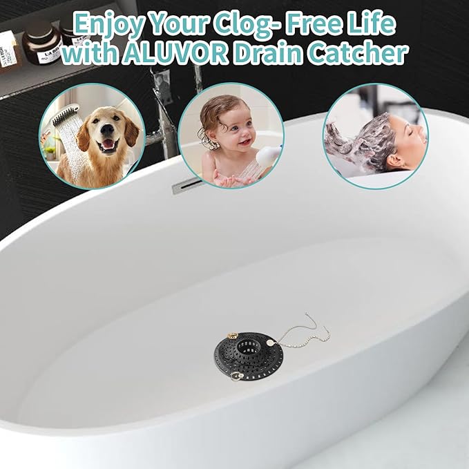 Shower Hair Drain Catcher, Silicone Bathtub Drain Hair Catcher Strainer, All-in-one Tub Hair Catcher Drain Protector for 1.48'' to 1.76'' Regular Drains, 3PCS/Black