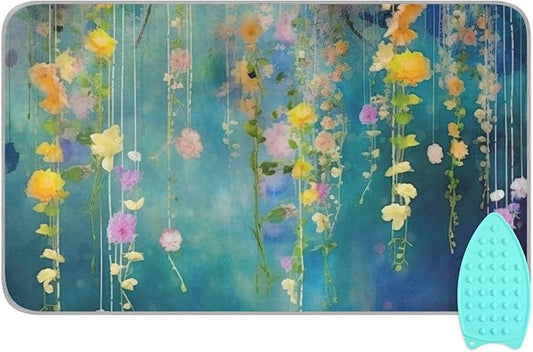 Kigai Watercolor Fowers Ironing Blanket Thick Portable Ironing Pad Travel Ironing Mat with Silicone Pad Heat Resistant Ironing Board Cover for Table Top, Washer, Dryer, 27.6" x 47.2"